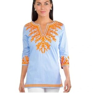 🪸Gretchen Scott Reef Embroidered Sea Coral Blue Orange Pinstripe Tunic Top